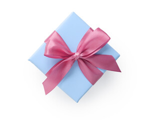 Top view of blue gift box with pink ribbon bow isolated on white background