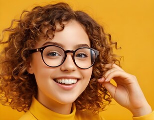 Obraz premium Smiling Woman With Curly Hair Wearing Glasses Against A Yellow Background