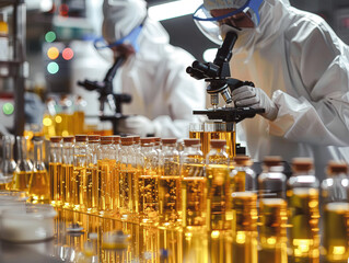 Laboratory scientists protective gear examine samples corn oil, microscopes, test tubes