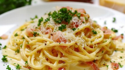 A delicious plate of spaghetti carbonara, topped with crispy pancetta, a rich creamy sauce, and freshly grated Parmesan cheese.