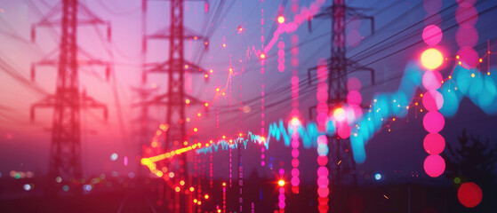 A dynamic stock market graph with energy symbols and electricity portrayed in an accordion style, set against the backdrop of an electric power line in silhouette