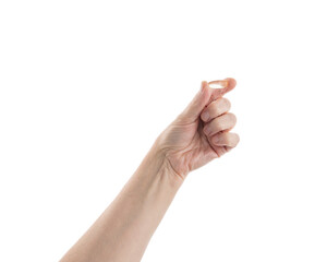 Mid aged female hold transparent pill isolated on white