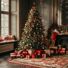 A beautifully decorated Christmas tree with numerous gifts underneath. Merry Christmas and Happy New Year concept.