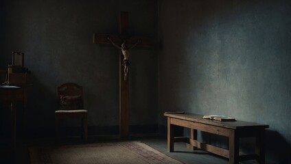 A quiet prayer room with a single wooden cross hanging on the wall, a kneeling bench, and a small table with an open Bible and a lit candle, creating a space of contemplation and devotion.
