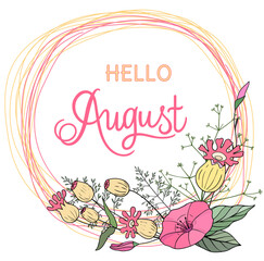 Handwritten, hello august, lettering message. August welcome quote with color leaves . Modern lettering. Design for cards, banners, posters. © Natalya