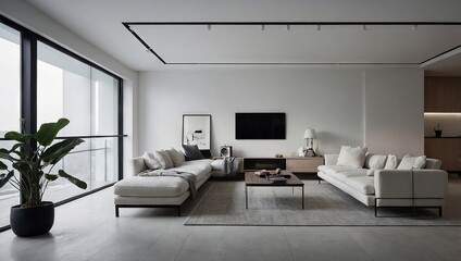 A modern minimalist apartment with white walls, sleek furniture, and sparse decorations, emphasizing clean lines and open spaces.