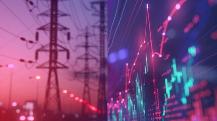 A dynamic stock market graph with energy symbols and electricity portrayed in an accordion style, set against the backdrop of an electric power line in silhouette