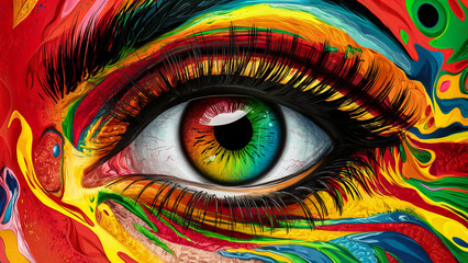 Vibrant Artistic Close-Up of Eye with Multicolored Swirls and Detailed Lashes