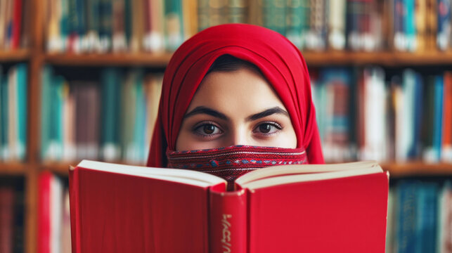 A woman wearing a red scarf is reading a book - Powered by Adobe