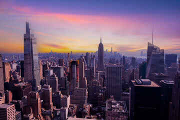 New York City skyscrapers rooftop urban view.