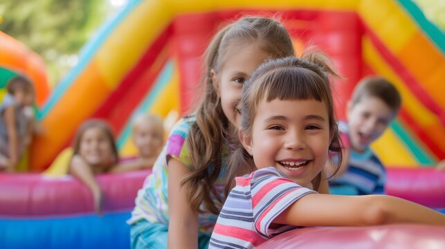 A fun-filled image of children enjoying themselves on an inflatable bouncy castle. The focus is on a smiling girl and boy who are posing happily for the camera. The bouncy castle, with its vivid