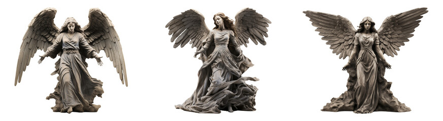 Beautiful concrete/ cement angel garden sculptures. Isolated on a transparent background.