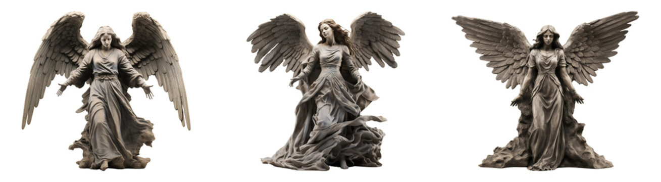 Beautiful concrete/ cement angel garden sculptures.  Isolated on a transparent background.