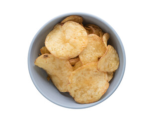 Organic potato chips in blue bowl isolated on white
