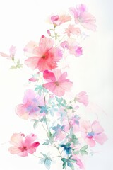 A watercolor painting, flowers on white background, watercolor painting, ink painting, a mix of wet and wet, bright colors, flat illustrations, bold line works, soft pink, watercolor painting, 