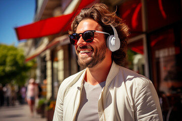 Portrait of a smiling man wearing headphones walking down a city street