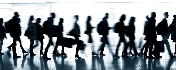 Silhouettes Of People Walking in a blurred motion, capturing the essence of busy city life.