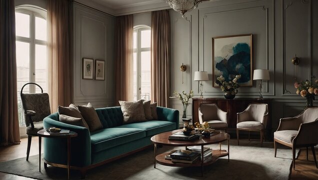 A sophisticated traditional apartment with classic furniture, rich wood finishes, and elegant fabrics, all in a harmonious and refined color scheme