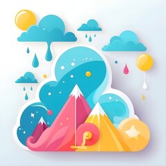 Naklejka premium Whimsical Papercraft Wonderland: A vibrant dreamscape of mountains, clouds, and playful elements, crafted in a delightful paper cutout style. 