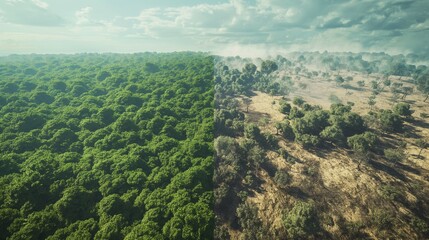 Obraz premium A 3D scene showing a lush forest transitioning into a barren, dry landscape, illustrating the effects of deforestation and climate change.