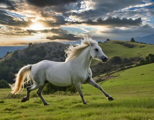 Obraz premium White horse galloping on green meadow in mountains at sunset.