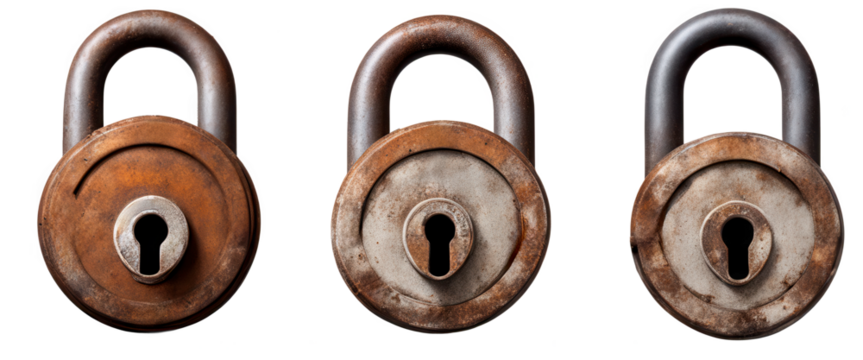 Set of vintage rusty padlocks arranged in a row isolate on transparent background, cutout, png 