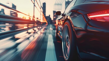 High-speed close-up of a car cruising on a highway, low angle side view shot