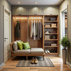 hall, wardrobe, A small sofa or bench in the hallway will create a comfortable environment in the process of shoes and shoe removal., hanger