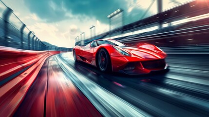 Obraz premium Red sports car racing on a track with motion blur