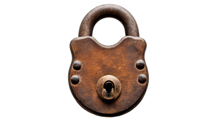 Antique brass padlock with keyhole isolate on transparent background, cutout, png 