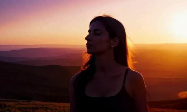 A woman meditating outdoors with eyes closed at sunset, creating a peaceful and serene atmosphere with warm light