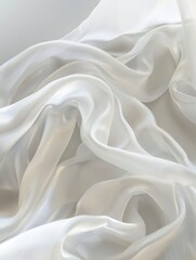 Obraz premium White background, flowing white silk waves creating an ethereal and dreamy abstract wallpaper, soft lighting accentuating the texture of the fabric 
