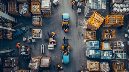 Aerial view of warehouse workers managing inventory, moving boxes with a forklift, and organizing pallets in a large storage facility.