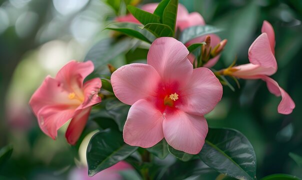 Pink mandevilla flower in bloom, Generative AI