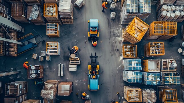 Aerial view of warehouse workers managing inventory, moving boxes with a forklift, and organizing pallets in a large storage facility.