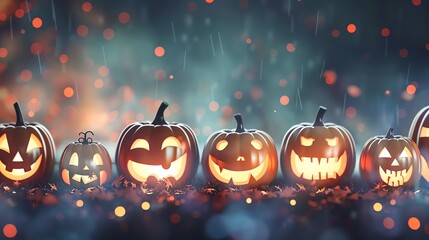 Jack-o'-lanterns glowing in the dark with eerie faces, Halloween, spooky and fun social media background