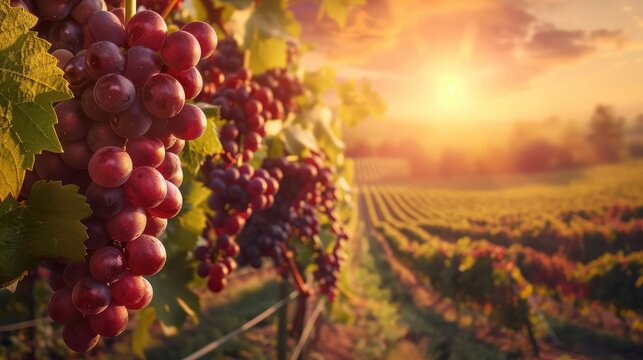 Close-up of ripe red grapes on a vine in a vineyard at sunset.