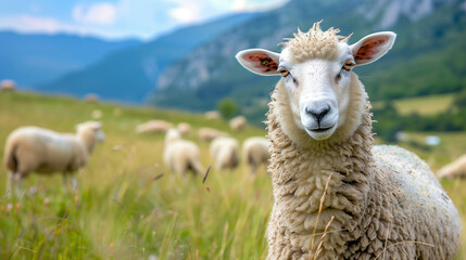 Fototapeta premium Sheep on a Pasture in the Mountains Looking at Camera, Rural Farming, Countryside Livestock, Scenic Mountain Landscape, Animal Portrait