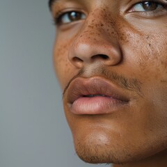 Fototapeta premium close up of man's face with clean shaven chin, no hair on his jawline,