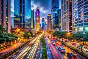 Fototapeta premium Bustling metropolis street scene featuring vibrant neon lights, sleek skyscrapers, and steady traffic flow, capturing urban energy and modern city life's dynamic atmosphere.