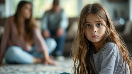 Young Girl on Living Room Floor Looking at Camera, Parents Arguing About Financial Problems and School Fees, Sad and Frightened Kid Face, Family Conflict, Emotional Scene