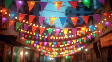 Bright colorful bunting flags and lights at a vibrant night market street creating a festive and lively atmosphere