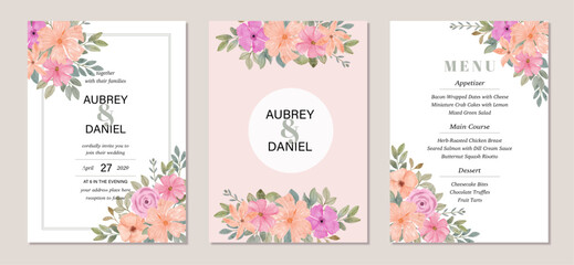 wedding invitation set with pink orange floral watercolor frame