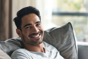 Fototapeta premium A man with a charming smile rests comfortably on a plush sofa in a modern home.