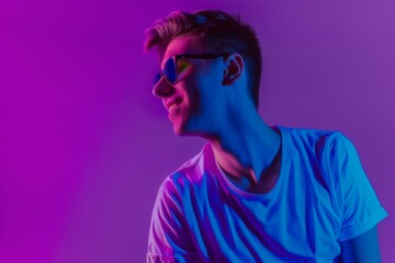 A young man, wearing sunglasses, smiles as he gazes away from the camera. He stands bathed in a vibrant purple and blue neon light.
