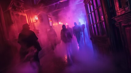Spooky Halloween Party: Guests Explore Haunted House with Eerie Props in Dimly Lit Rooms