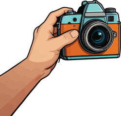 A Camera is held by hand. realistic camera background.