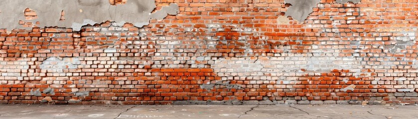 Fototapeta premium Aged, weathered brick wall with peeling paint, showcasing urban decay and rustic texture. Ideal for backgrounds or industrial-themed designs.