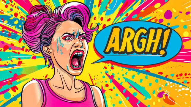 Young woman with pink hair screaming argh! comic book style illustration