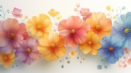 Colorful flowers, Ink style, White background, A lighter color, not so strong, Just flowers, nothing else, 